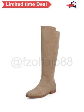Faux Suede Round Toe Flat Knee High Boots Side Zipper